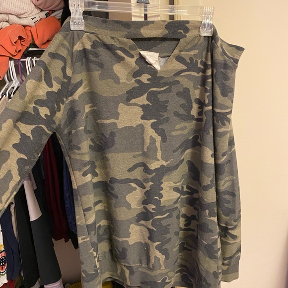 Fantastic Fawn Tops - boutique off the shoulder camouflage shirt
